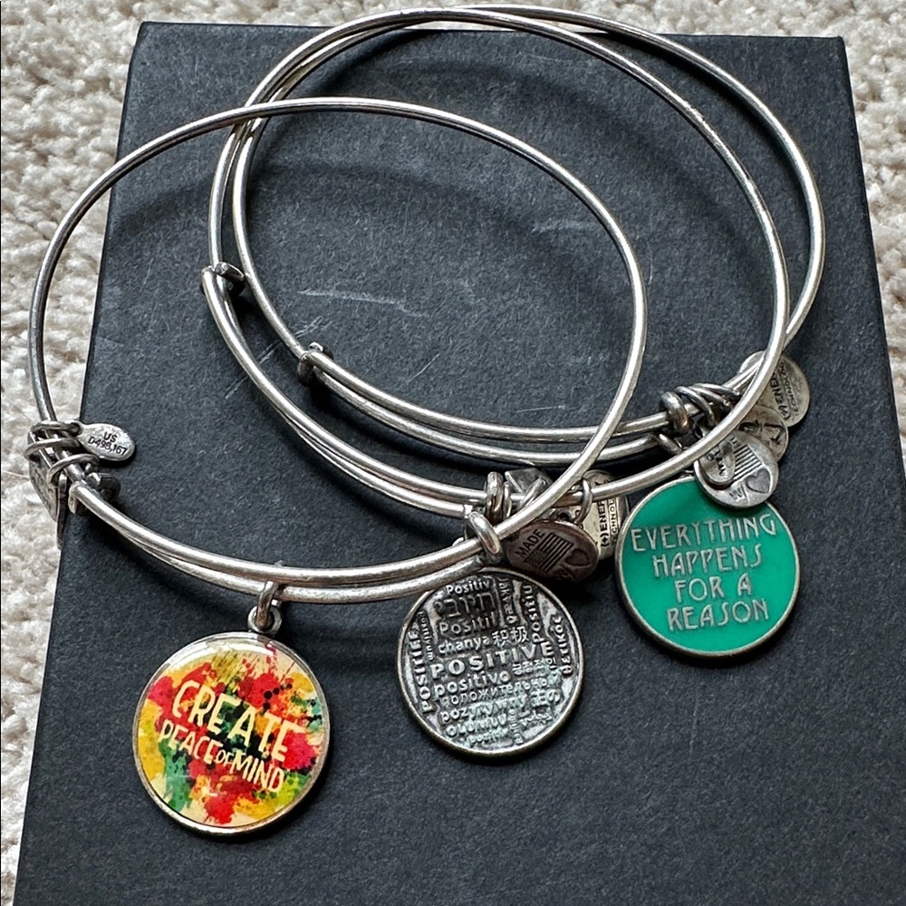 Bundle of 3 Alex and Ani Silver Bangle Bracelets - positive & inspirational